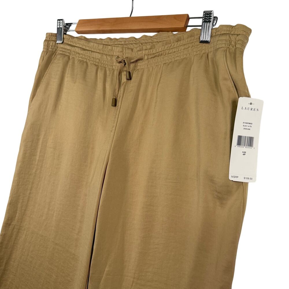 Lauren Ralph Lauren Womens 4P Satin Wide Leg Pants Khaki Drawstring Pull On New
